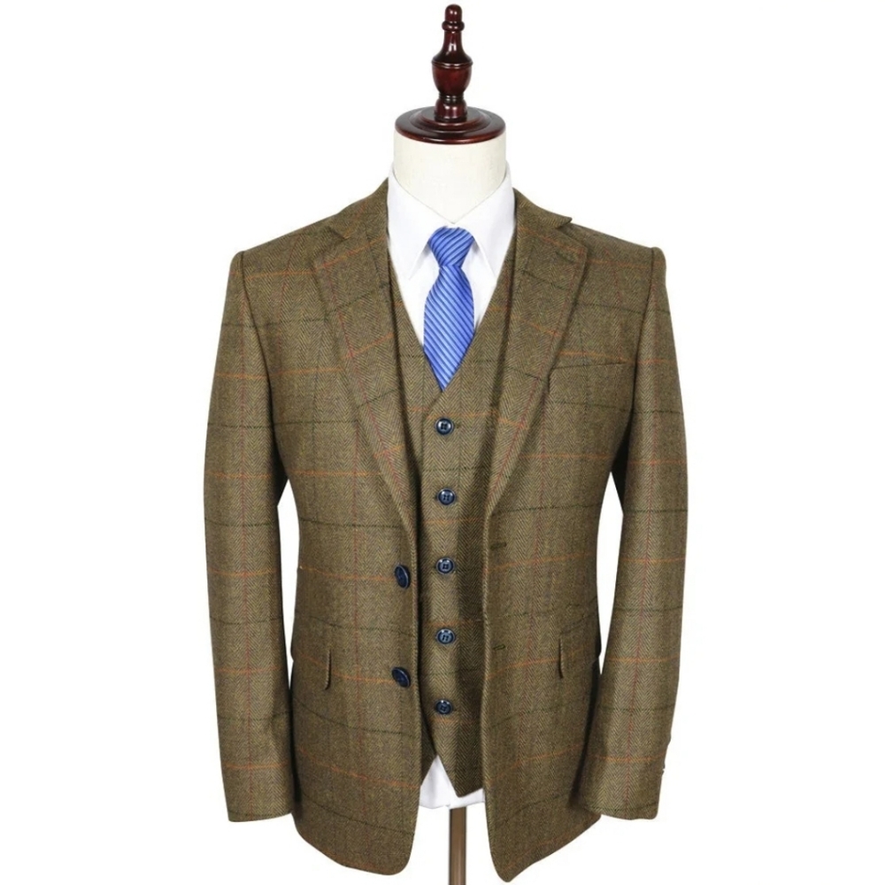 ABITTO Brown Herringbone With Orange, Black & Red Windowpane 3 Piece Tweed Suit